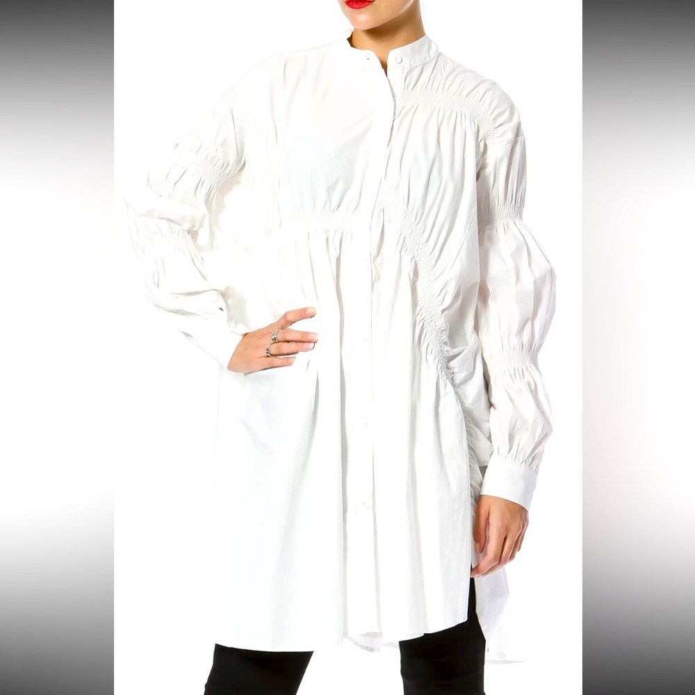 MADONNA & CO WHITE LONG SLEEVE COTTON RUCHED SHIRT DRESS LG